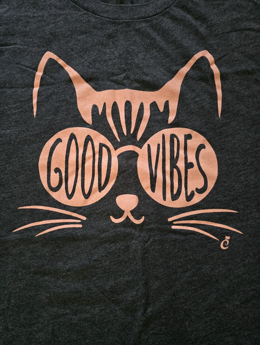 Bella Canvas Charcoal Tee with Coral Cat 'Good Vibes' Graphic